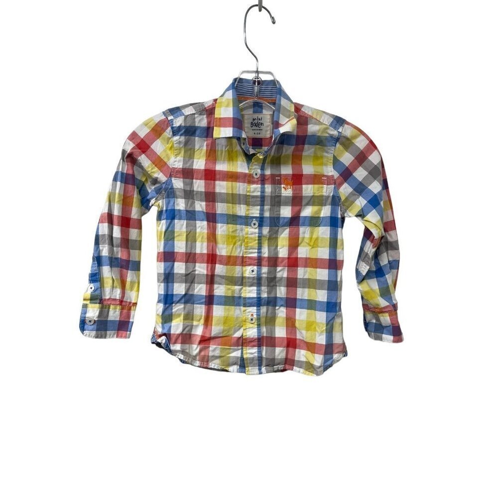 Mini Boden Multi Check Cotton Button Down Shirt Size 4-5Y
